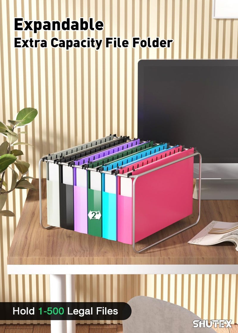SHUTEX Extra Capacity Legal Size Hanging File Folders,12 Pack Reinforced Plastic Hanging Folder, Heavy Duty 2 Inch Expansion, Filing Cabinet Folders for Bulky Files, Medical Charts, Colorful - Image 4